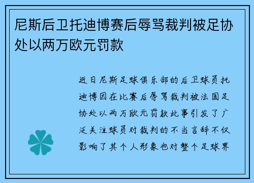 尼斯后卫托迪博赛后辱骂裁判被足协处以两万欧元罚款